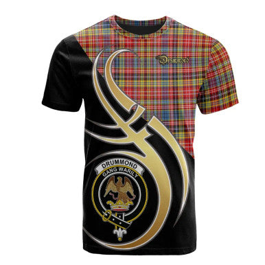 Scottish Drummond of Strathallan Clan Crest Tartan T-Shirt Believe in Me Front Side Tartan Plaid