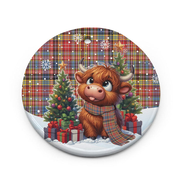 Scottish Drummond of Strathallan Clan Tartan Ceramic Ornament Cute Highland Cow Christmas Circle Style Tartan Plaid