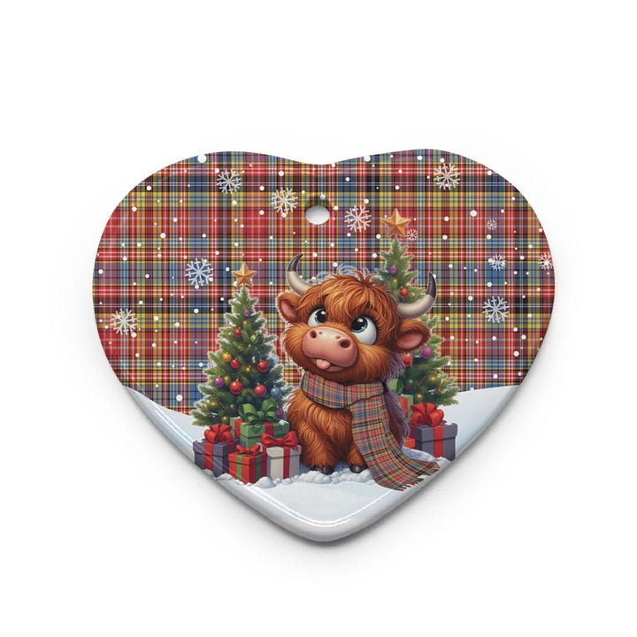 Scottish Drummond of Strathallan Clan Tartan Ceramic Ornament Cute Highland Cow Christmas Heart Style Tartan Plaid