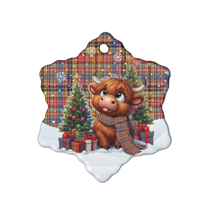 Scottish Drummond of Strathallan Clan Tartan Ceramic Ornament Cute Highland Cow Christmas Snow Flake Style Tartan Plaid