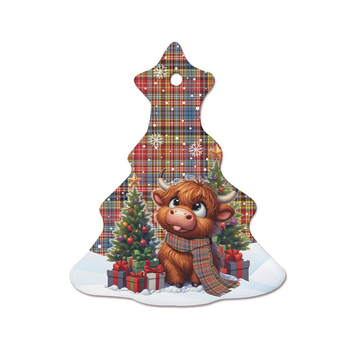 Scottish Drummond of Strathallan Clan Tartan Ceramic Ornament Cute Highland Cow Christmas Tree Style Tartan Plaid