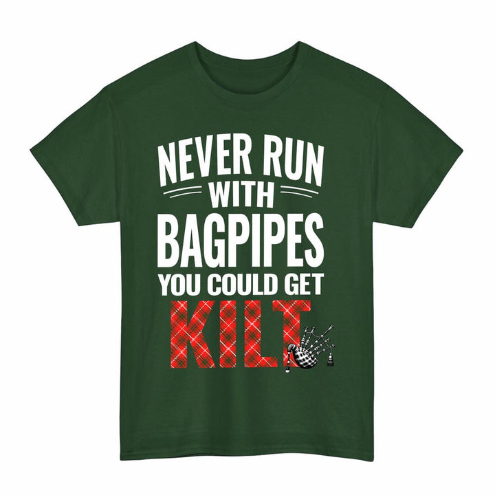 Scottish Duke of Rothesay Modern Clan Tartan Never Run With Bagpipes T-Shirt Tartan Plaid Forest Green Color