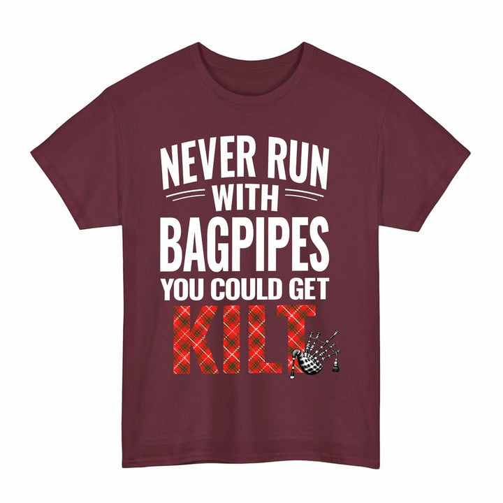 Scottish Duke of Rothesay Modern Clan Tartan Never Run With Bagpipes T-Shirt Tartan Plaid Maroon Color
