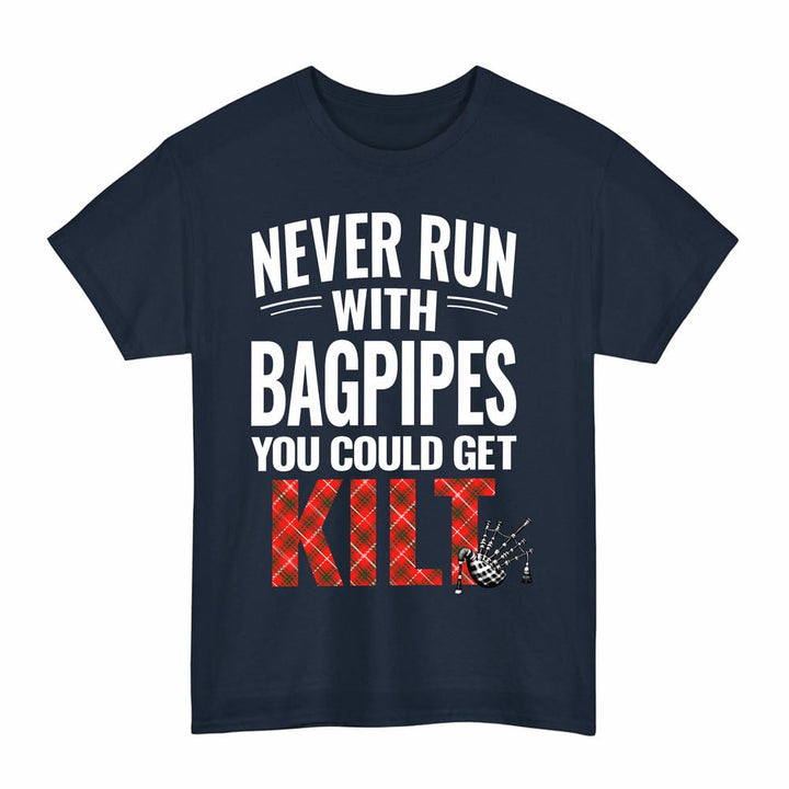 Scottish Duke of Rothesay Modern Clan Tartan Never Run With Bagpipes T-Shirt Tartan Plaid Navy Color