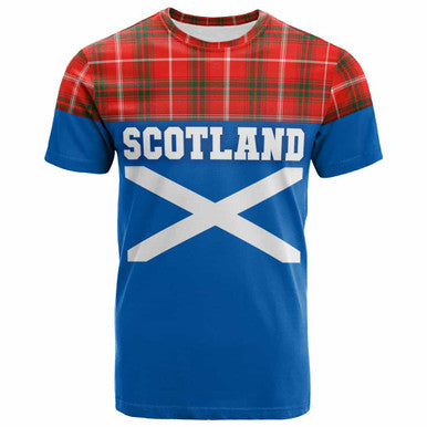 Scottish Duke of Rothesay Modern Clan Tartan T-Shirt - Lion Rampant of Scotland With Flag Front Side Tartan Plaid