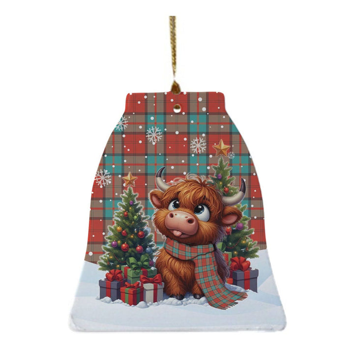 Scottish Dunbar Ancient Clan Tartan Ceramic Ornament Cute Highland Cow Christmas Bell Style Tartan Plaid