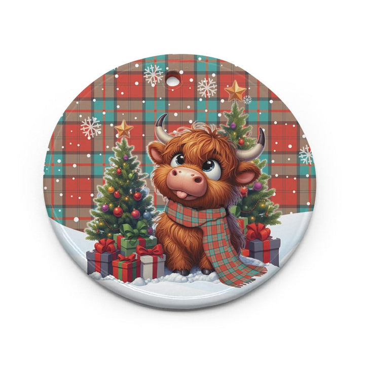 Scottish Dunbar Ancient Clan Tartan Ceramic Ornament Cute Highland Cow Christmas Circle Style Tartan Plaid