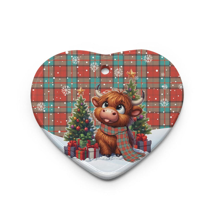 Scottish Dunbar Ancient Clan Tartan Ceramic Ornament Cute Highland Cow Christmas Heart Style Tartan Plaid