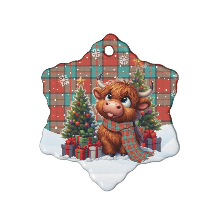Scottish Dunbar Ancient Clan Tartan Ceramic Ornament Cute Highland Cow Christmas Snow Flake Style Tartan Plaid
