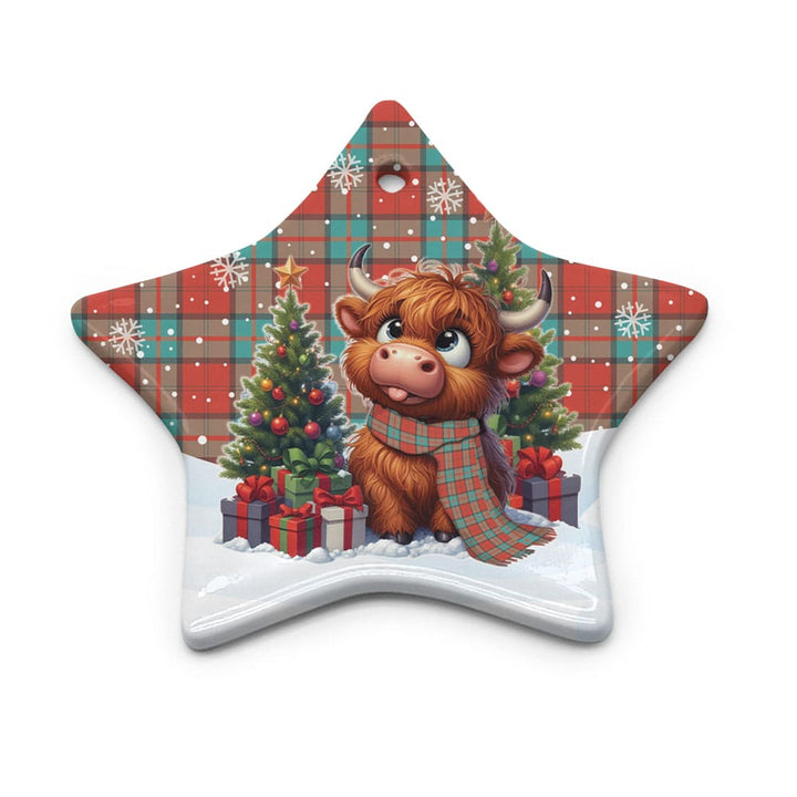 Scottish Dunbar Ancient Clan Tartan Ceramic Ornament Cute Highland Cow Christmas Star Style Tartan Plaid
