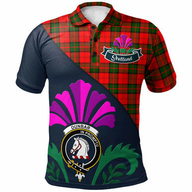 Scottish Dunbar Clan Crest Tartan Polo Shirt - Scotland Thistle Style Front Side Tartan Plaid