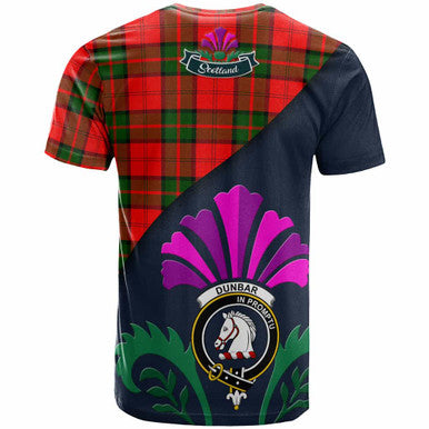 Scottish Dunbar Clan Crest Tartan T-Shirt - Scotland Thistle Style Back Side Tartan Plaid