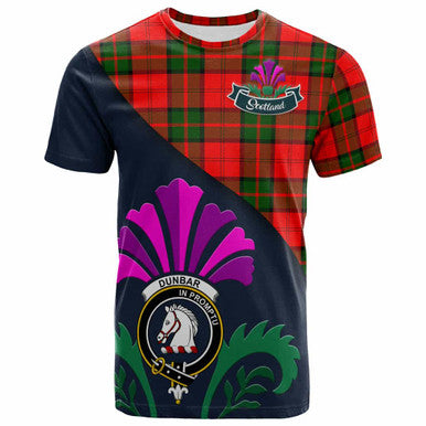 Scottish Dunbar Clan Crest Tartan T-Shirt - Scotland Thistle Style Front Side Tartan Plaid