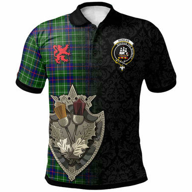 Scottish Duncan Clan Crest Tartan Polo Shirt - Half Thistle Flowers Celtic Design Front Side Tartan Plaid