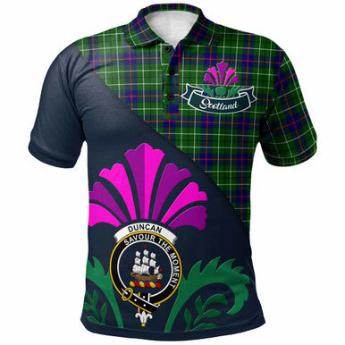 Scottish Duncan Clan Crest Tartan Polo Shirt - Scotland Thistle Style Front Side Tartan Plaid