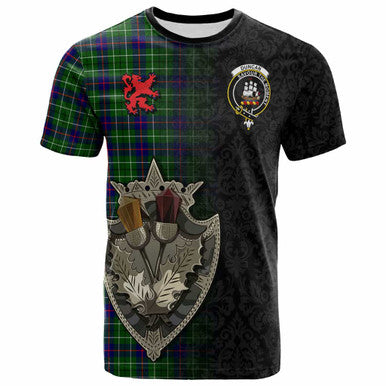 Scottish Duncan Clan Crest Tartan T-Shirt - Half Thistle Flowers Celtic Design Front Side Tartan Plaid