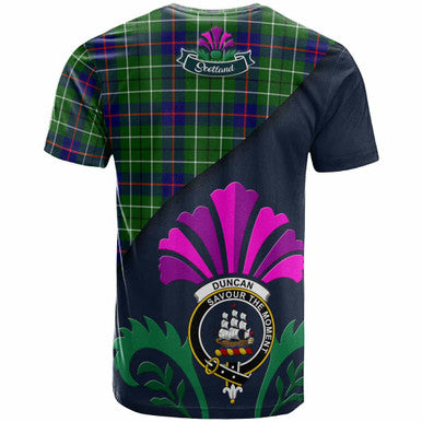 Scottish Duncan Clan Crest Tartan T-Shirt - Scotland Thistle Style Back Side Tartan Plaid