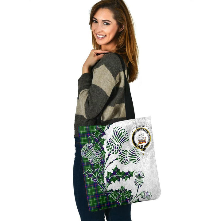 Scottish Duncan Clan Crest Tartan Tote Bag - Thistle Flowers Style Tartan Plaid 3