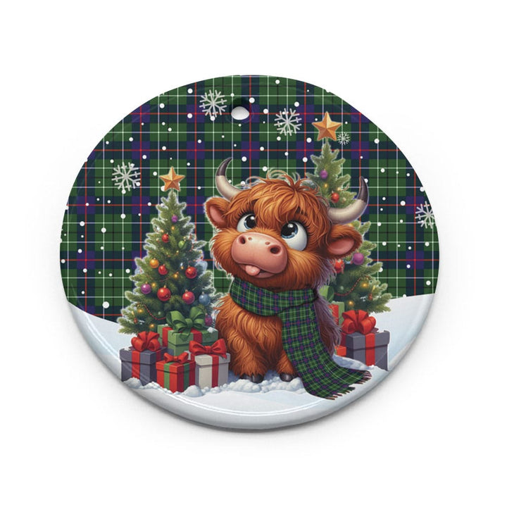 Scottish Duncan Modern Clan Tartan Ceramic Ornament Cute Highland Cow Christmas Circle Style Tartan Plaid