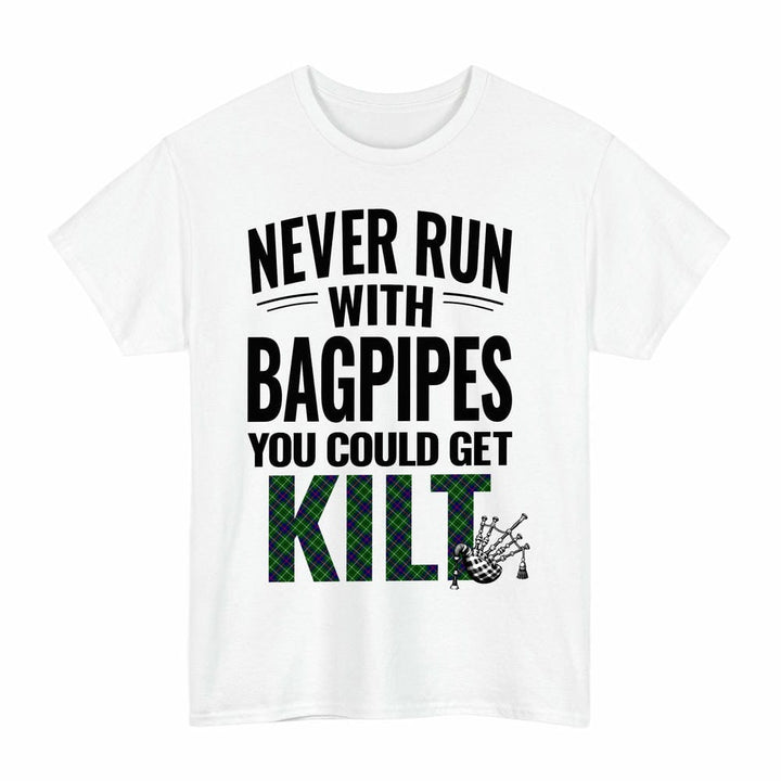 Scottish Duncan Modern Clan Tartan Never Run With Bagpipes T-Shirt Tartan Plaid White Color