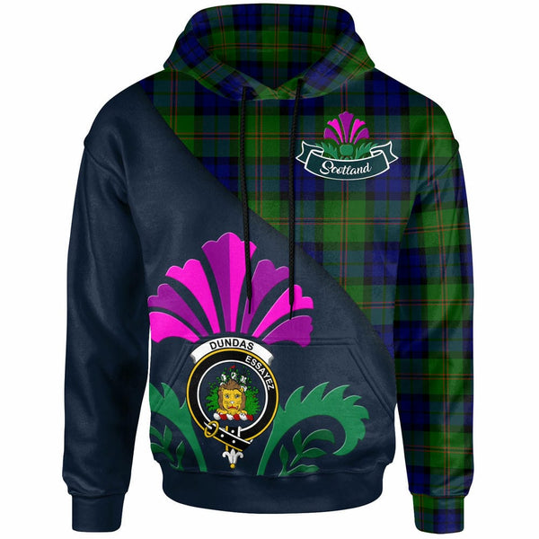 Scottish Dundas Clan Crest Tartan Hoodie - Scotland Thistle Style Front Side Tartan Plaid