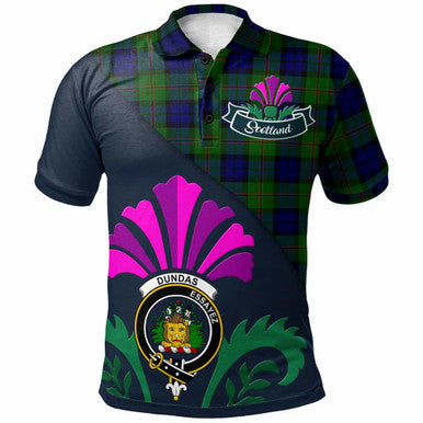 Scottish Dundas Clan Crest Tartan Polo Shirt - Scotland Thistle Style Front Side Tartan Plaid