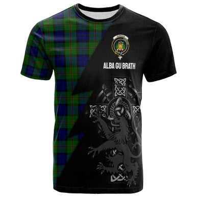 Scottish Dundas Clan Crest Tartan T-Shirt - Lion Rampant Celtic Cross Flash Style Front Side Tartan Plaid