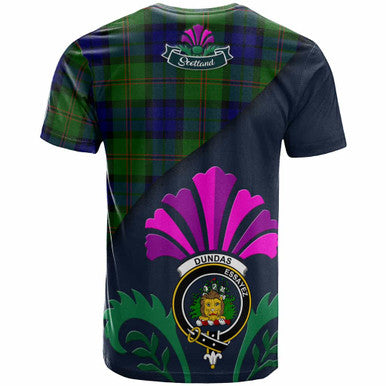 Scottish Dundas Clan Crest Tartan T-Shirt - Scotland Thistle Style Back Side Tartan Plaid