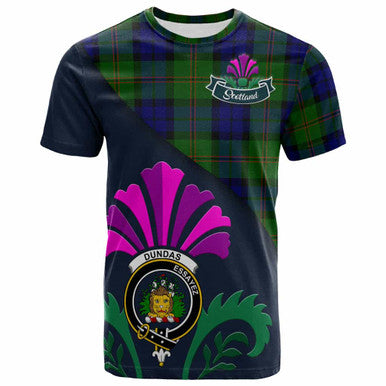 Scottish Dundas Clan Crest Tartan T-Shirt - Scotland Thistle Style Front Side Tartan Plaid