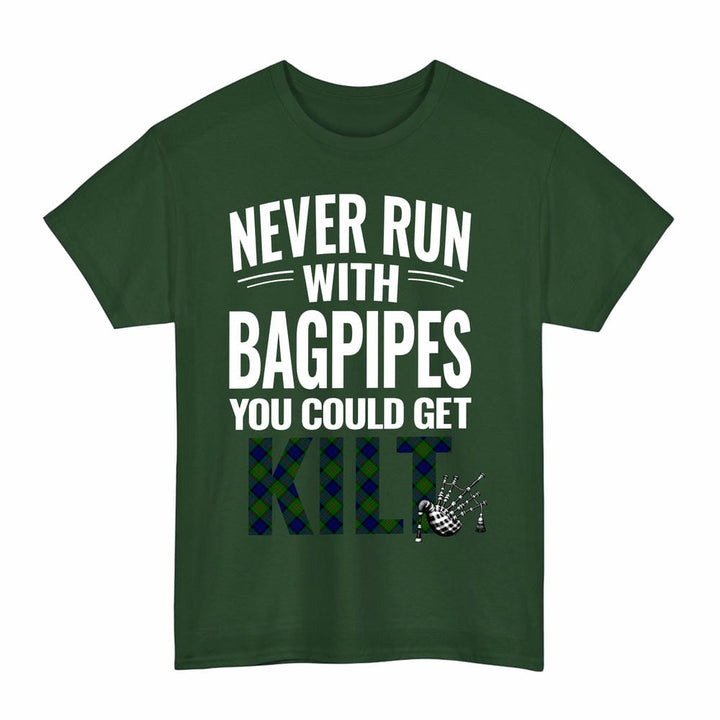 Scottish Dundas Modern Clan Tartan Never Run With Bagpipes T-Shirt Tartan Plaid Forest Green Color