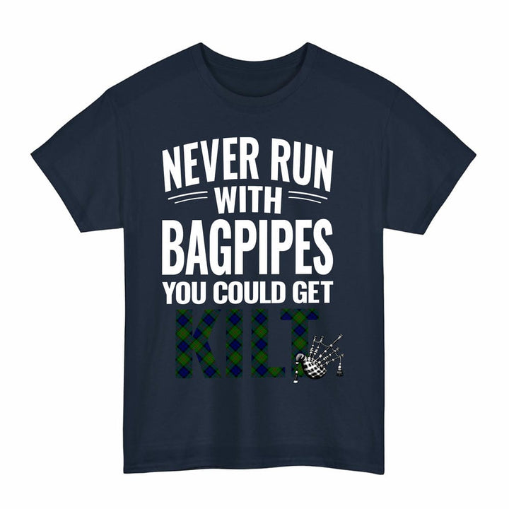 Scottish Dundas Modern Clan Tartan Never Run With Bagpipes T-Shirt Tartan Plaid Navy Color