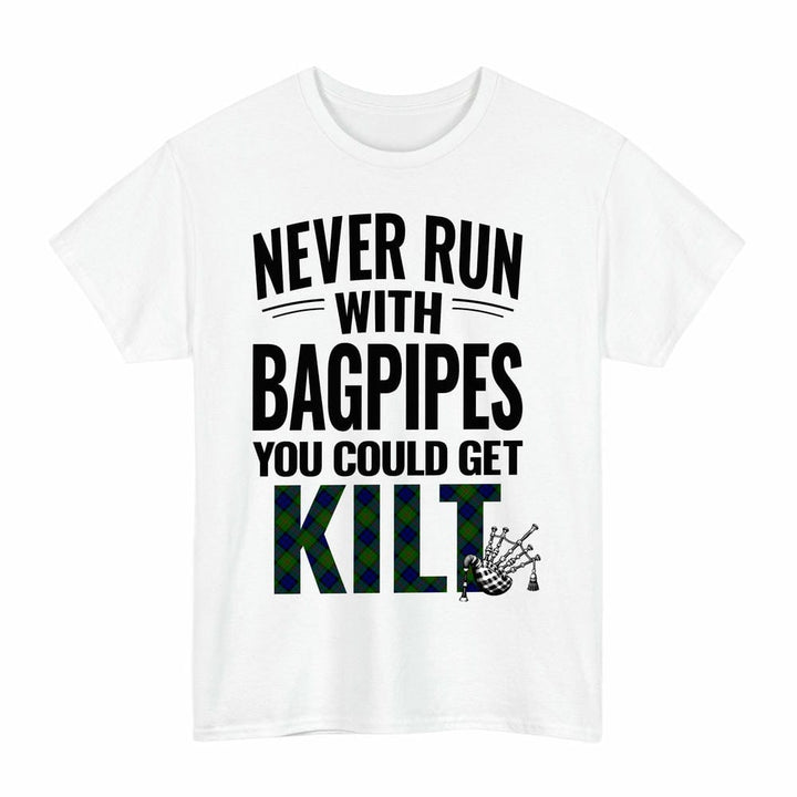 Scottish Dundas Modern Clan Tartan Never Run With Bagpipes T-Shirt Tartan Plaid White Color