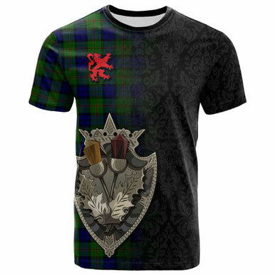 Scottish Dundas Modern Clan Tartan T-Shirt - Half Thistle Flowers Celtic Design Front Side Tartan Plaid
