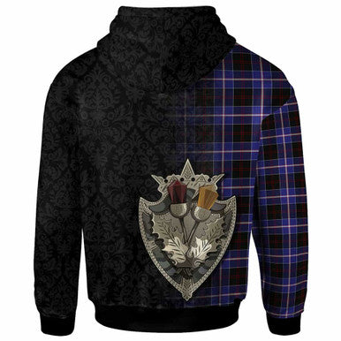 Scottish Dunlop Clan Crest Tartan Hoodie - Half Thistle Flowers Celtic Design Back Side Tartan Plaid