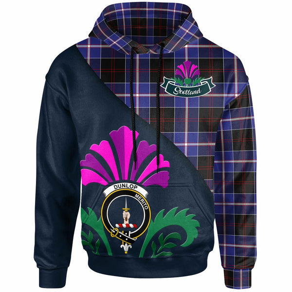 Scottish Dunlop Clan Crest Tartan Hoodie - Scotland Thistle Style Front Side Tartan Plaid