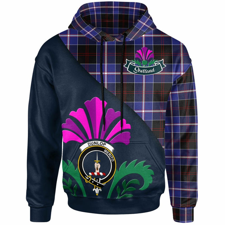 Scottish Dunlop Clan Crest Tartan Hoodie - Scotland Thistle Style Front Side Tartan Plaid