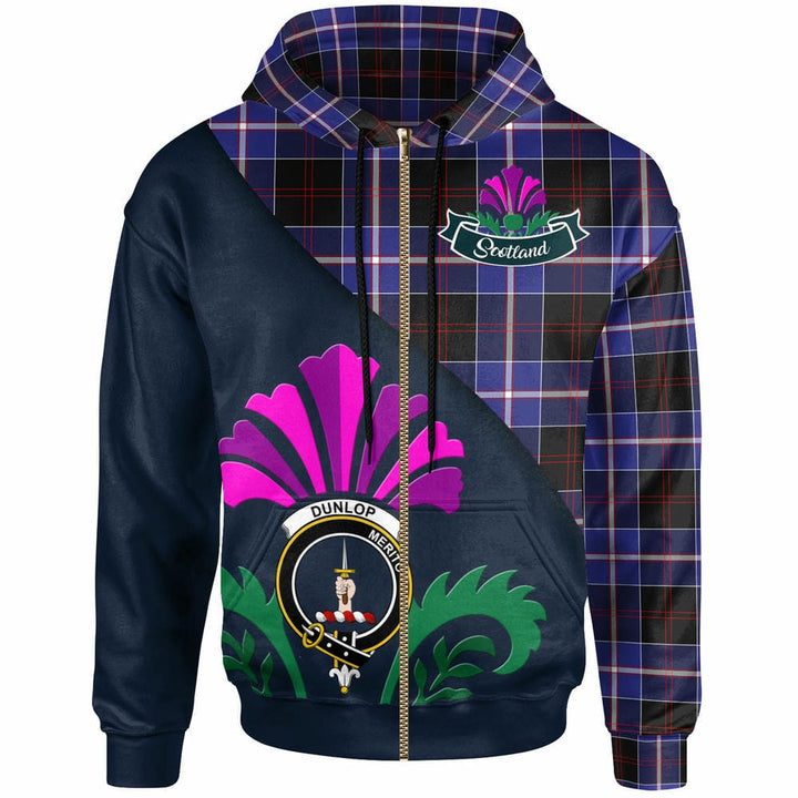 Scottish Dunlop Clan Crest Tartan Hoodie - Scotland Thistle Style Zip-up Tartan Plaid