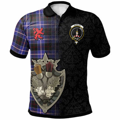 Scottish Dunlop Clan Crest Tartan Polo Shirt - Half Thistle Flowers Celtic Design Front Side Tartan Plaid