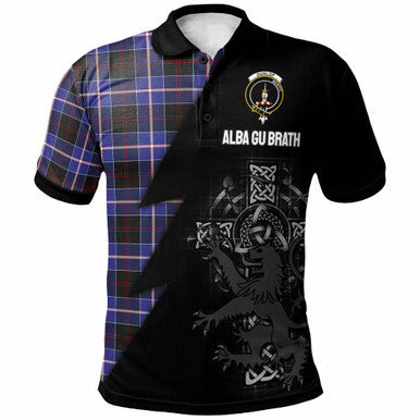 Scottish Dunlop Clan Crest Tartan Polo Shirt - Lion Rampant Celtic Cross Flash Style Front Side Tartan Plaid