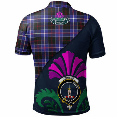 Scottish Dunlop Clan Crest Tartan Polo Shirt - Scotland Thistle Style Back Side Tartan Plaid