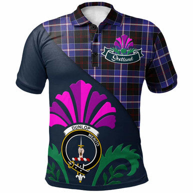 Scottish Dunlop Clan Crest Tartan Polo Shirt - Scotland Thistle Style Front Side Tartan Plaid