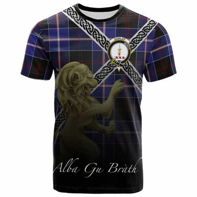 Scottish Dunlop Clan Crest Tartan T-Shirt - Celtic With Scotland Lion Front Side Tartan Plaid