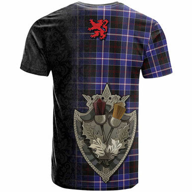Scottish Dunlop Clan Crest Tartan T-Shirt - Half Thistle Flowers Celtic Design Back Side Tartan Plaid