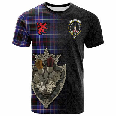 Scottish Dunlop Clan Crest Tartan T-Shirt - Half Thistle Flowers Celtic Design Front Side Tartan Plaid
