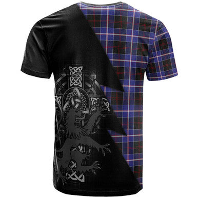 Scottish Dunlop Clan Crest Tartan T-Shirt - Lion Rampant Celtic Cross Flash Style Back Side Tartan Plaid