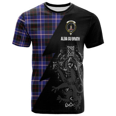 Scottish Dunlop Clan Crest Tartan T-Shirt - Lion Rampant Celtic Cross Flash Style Front Side Tartan Plaid