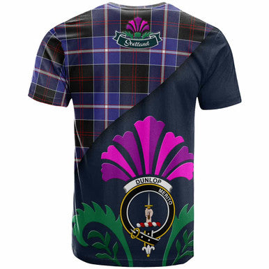 Scottish Dunlop Clan Crest Tartan T-Shirt - Scotland Thistle Style Back Side Tartan Plaid