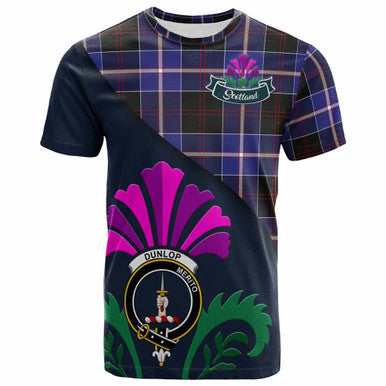 Scottish Dunlop Clan Crest Tartan T-Shirt - Scotland Thistle Style Front Side Tartan Plaid