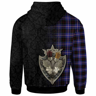 Scottish Dunlop Modern Clan Tartan Hoodie - Half Thistle Flowers Celtic Design Back Side Tartan Plaid