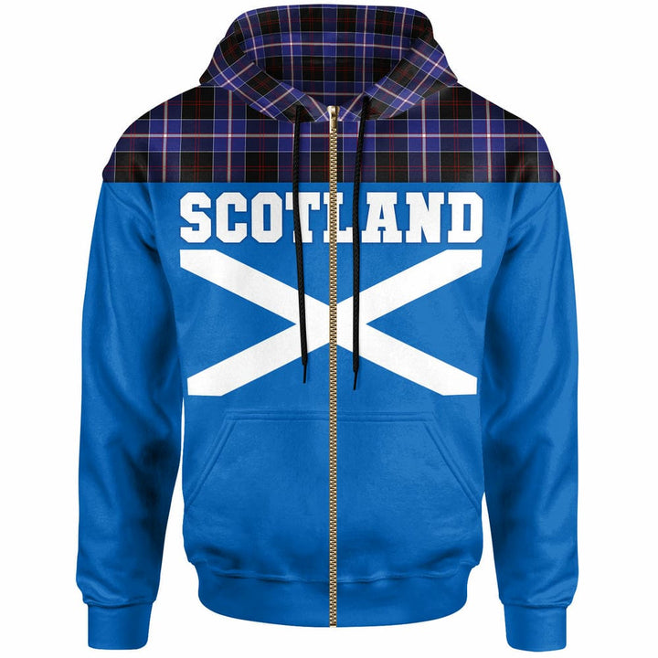 Scottish Dunlop Modern Clan Tartan Hoodie - Lion Rampant of Scotland With Flag Zip-up Tartan Plaid